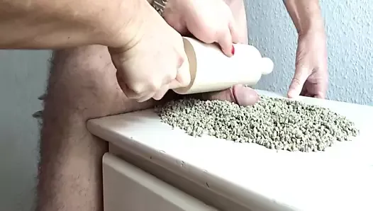 Rolling pin on cock till cumshot