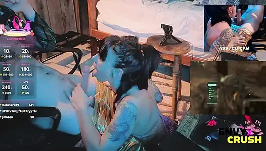 Gamerin in Netzstrümpfen Geht Auf Die Knie