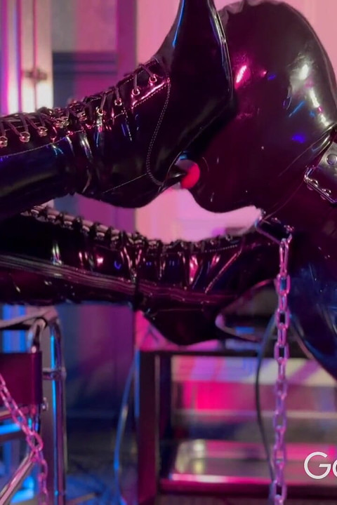 Chained Gimp Worships Latex Goddess's Boots