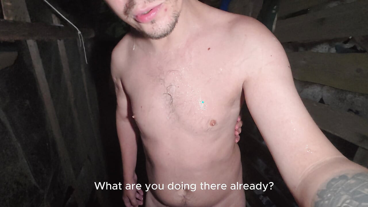 Soapy naked bodies in a rural shower