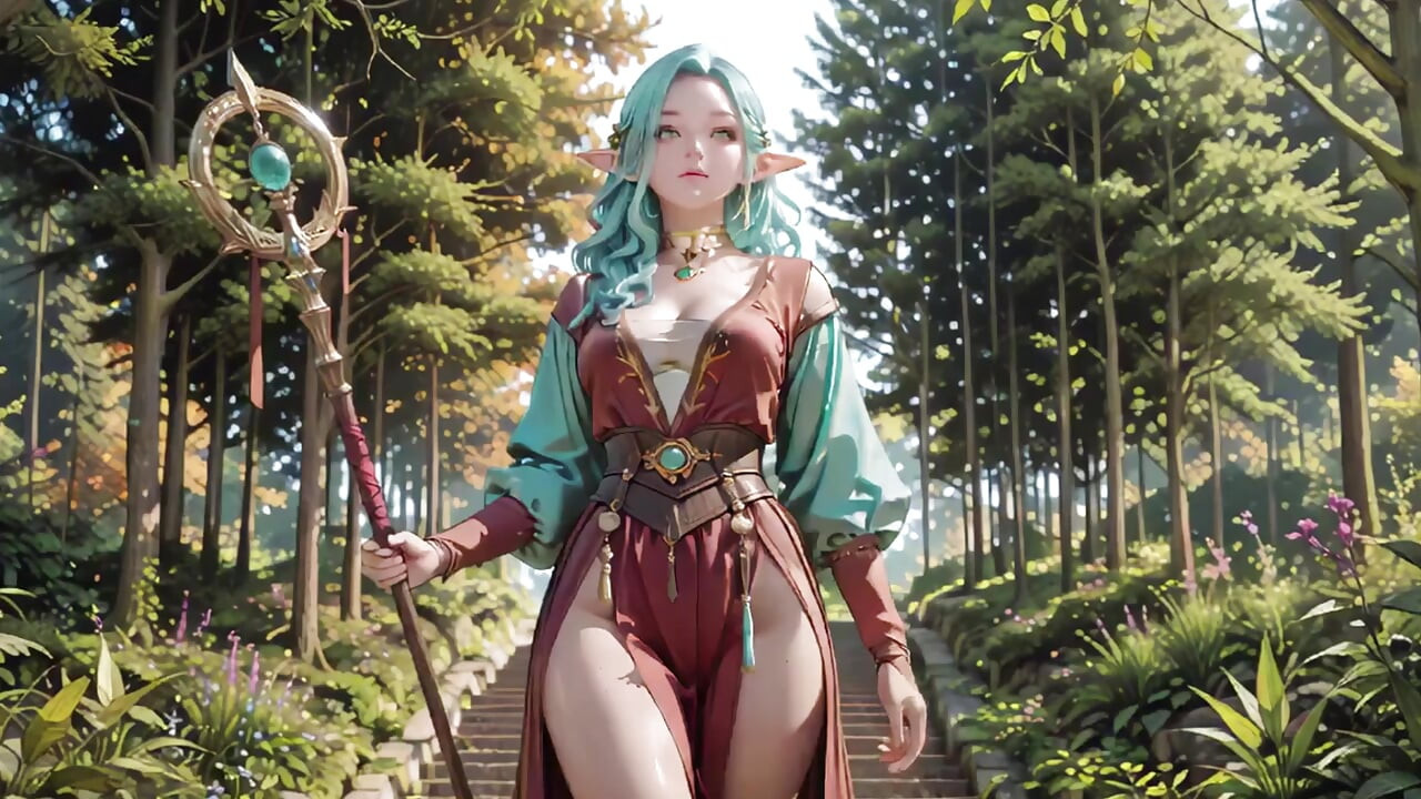 Wald-Fantasy! Grünhaarige Magierin & Blauer Elf bei einem privaten Spaziergang, kniend unter geflecktem Sonnenlicht mit neckischen Zauberstäben.