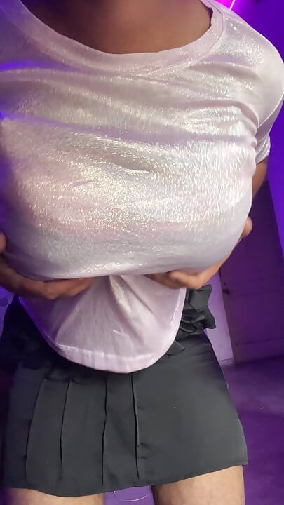 shiny pink top big boobs tight skirt indian crossdresser