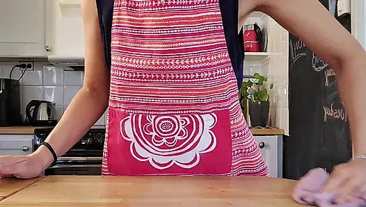 Hot wife with amazing natural tits gets her pussy filled while working in the kitchen.