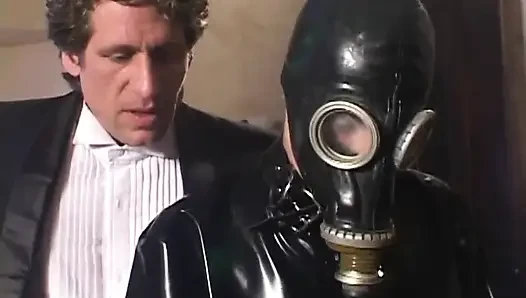 Double penetrated anal in latex dress in gas mask threesome