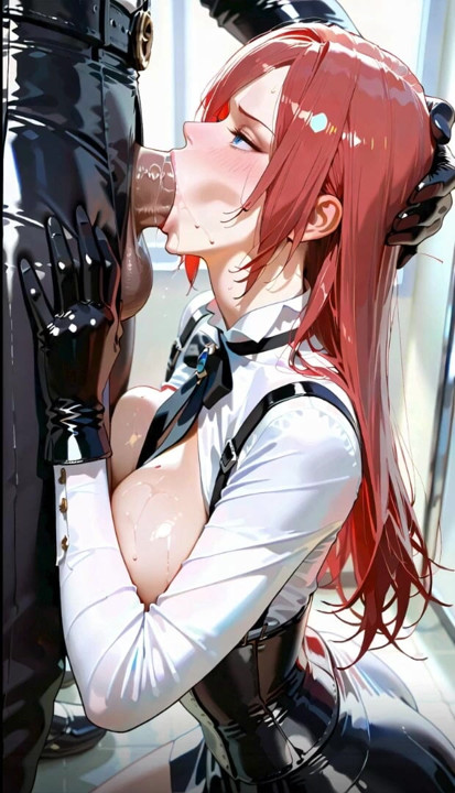 Horny redhead dressed in leather skirt sucking cock deeply.