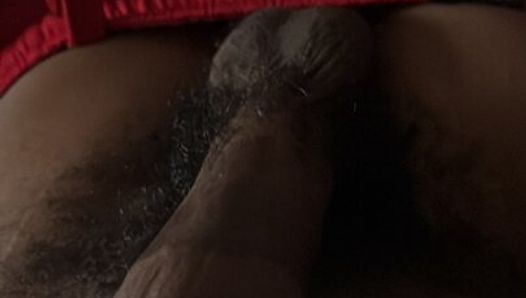 Schwarzer männlicher Fuchs streichelt seinen großen schwarzen Schwanz zum ersten Mal vor der Kamera, bis er kommt