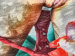Xxx cartoon. mão amiga da empregada doméstica. Gozando em seu grande clitóris e sua calcinha vermelha.