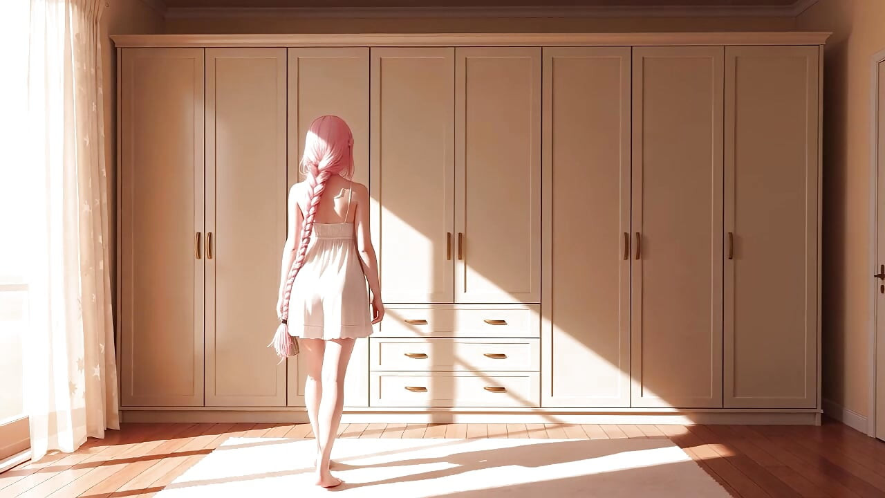 Sensual linda de cabelo rosa ao ar livre, passeando até o quarto macio