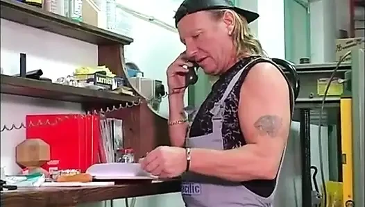 Horny Fuck Pig in Red Lingerie Fucks a Craftsman in the Workshop