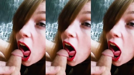 Submisive Fantasy mit rotem Lippenstift und Blowjob tief in den Hals