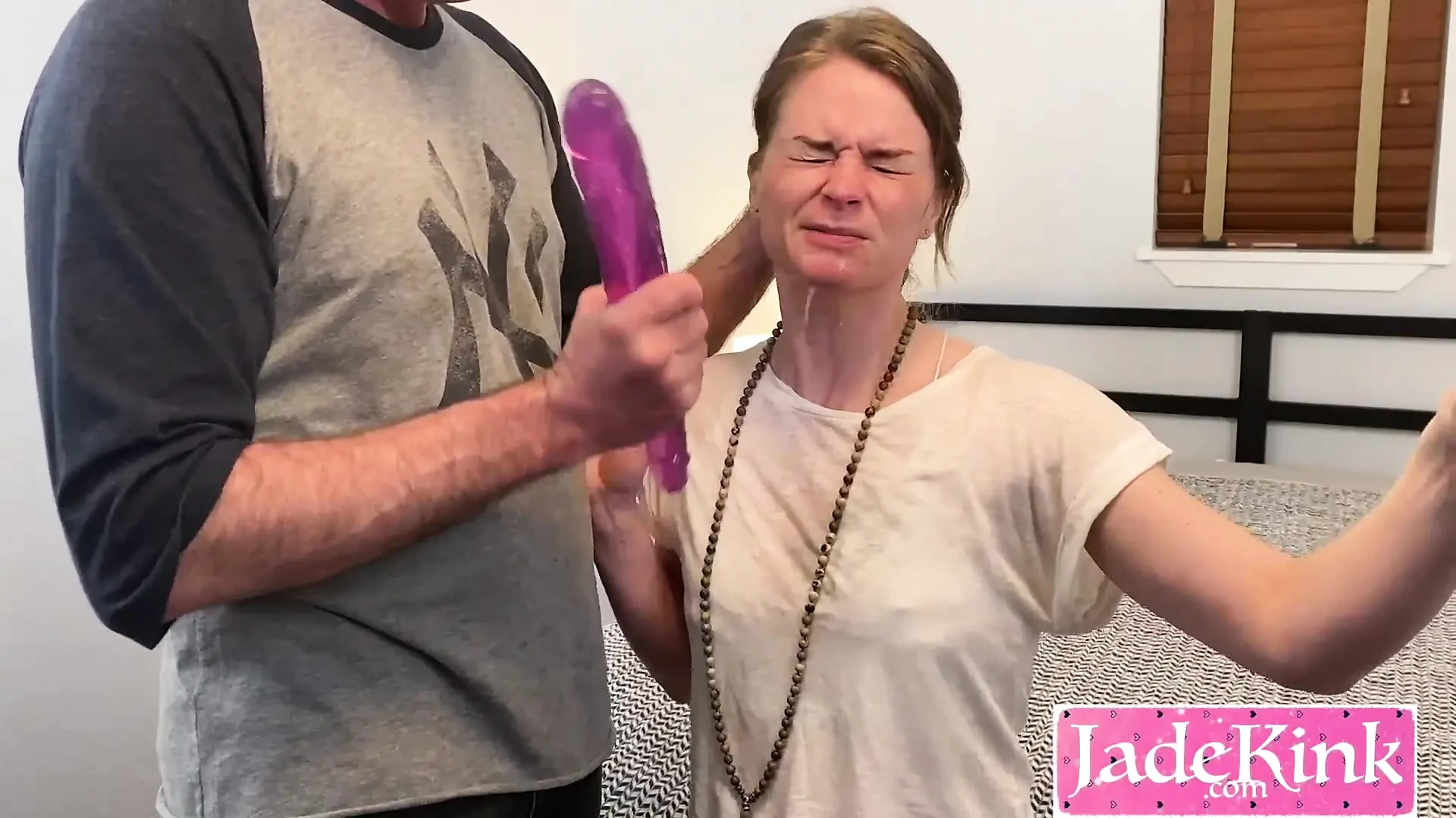 Innocent sub girlfriend deepthroated with huge pink dildo