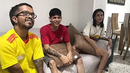 My best friend crying with jealousy while I fucked his horny girlfriend hard after losing the bet on the Colombia - Portugal match.