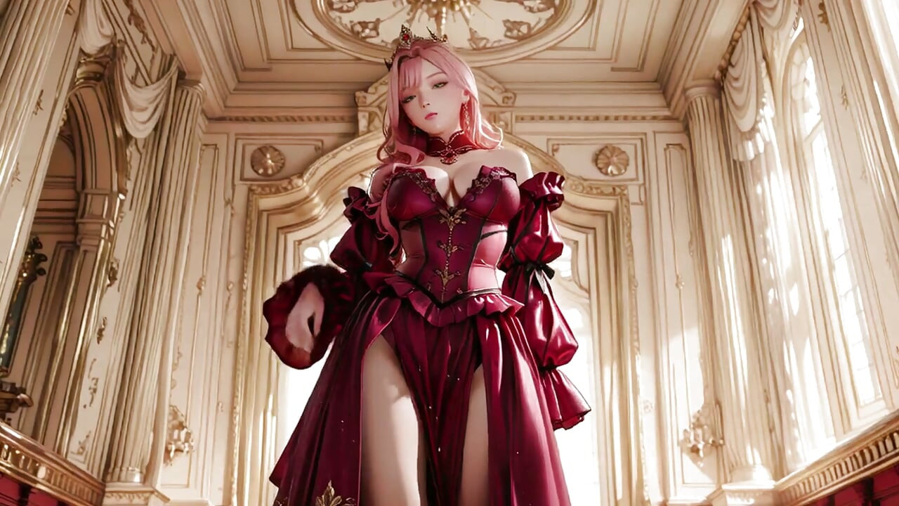 The Pink Queen's Coronation! Deep red silk, golden goblet, and a lazy gaze from the throne. Pure fantasy.