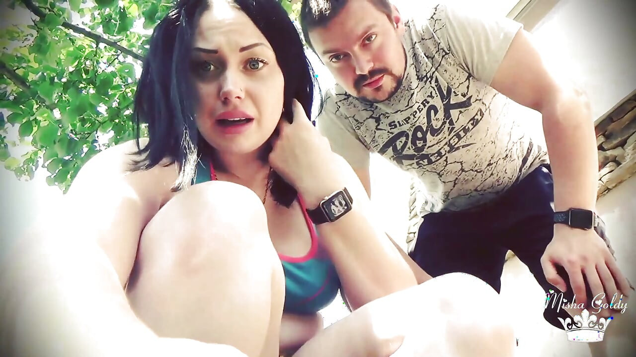 Tormenting and crushing a tiny man outdoors with our huge bodies and big feet