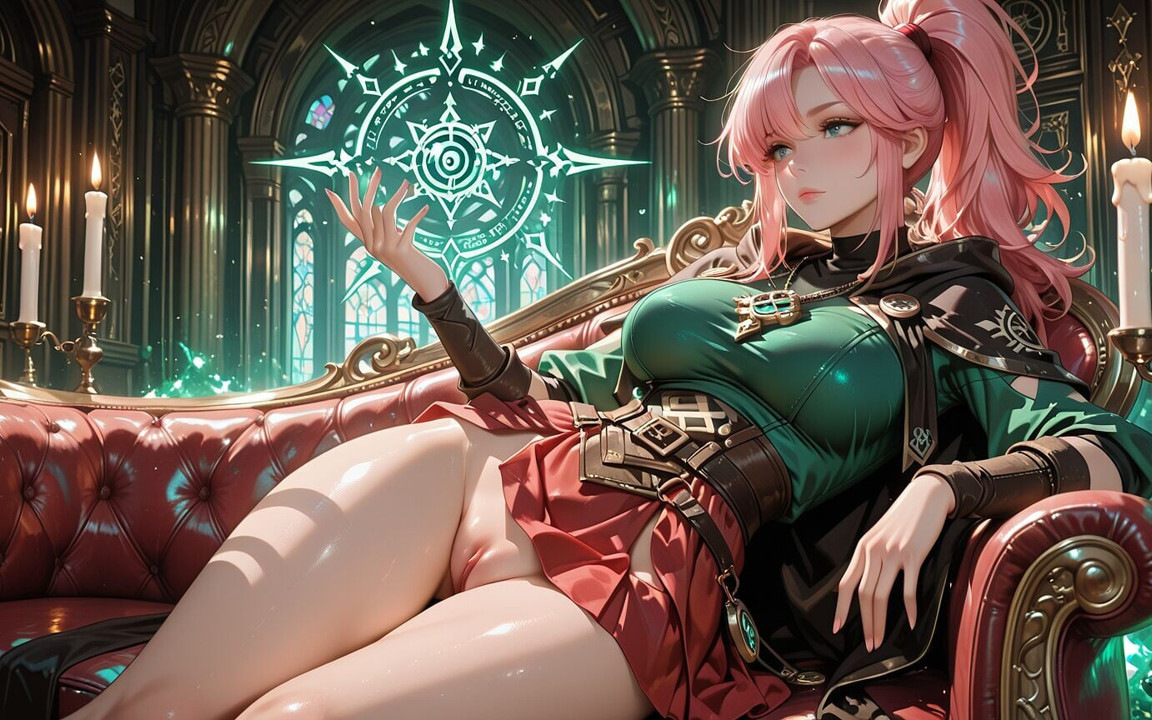 Deep Squat Teasing Under the Giant Magic Array, Green Battle Gear Stretched Tight.