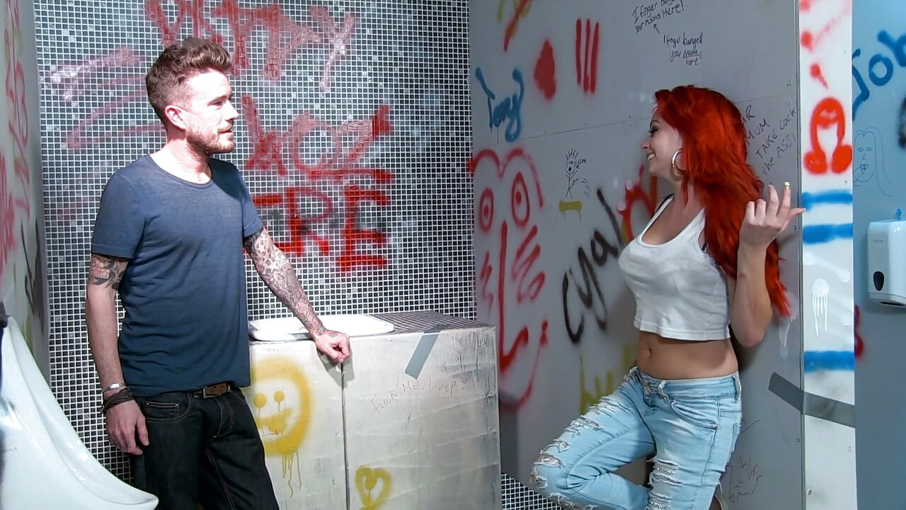 Busty redhead babe gets pounded hard by his big cock in the bathroom
