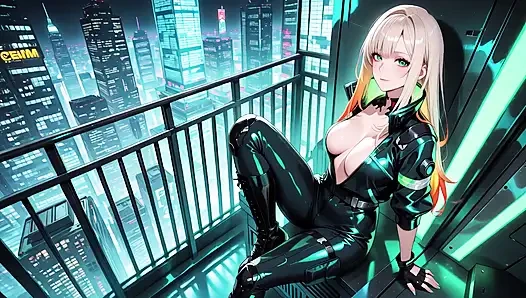 Neon Rain Night! Blonde Agent in Wet Leather Crouching Low, Holographic Glow & Cold Glances.