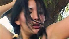 Latina brunette in pigtails sucks cock and fucks outdoors