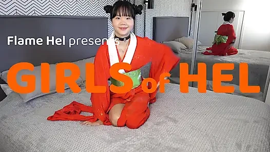 Cute girl dressed up in kimono and bondage gear railed hard
