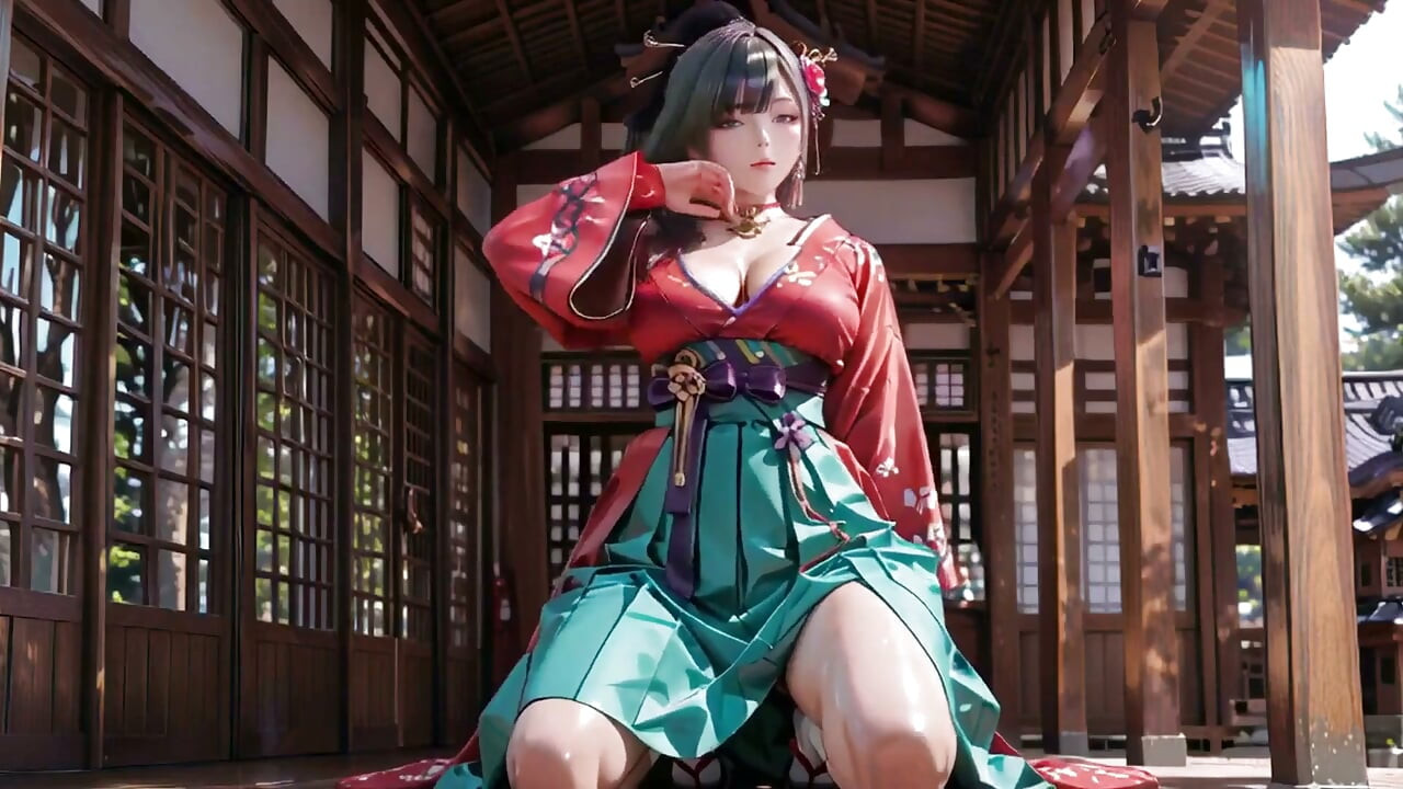 Fioletowe włosy Kimono Girl prywatny poranek! Czerwono-zielone starcie jest szalone.