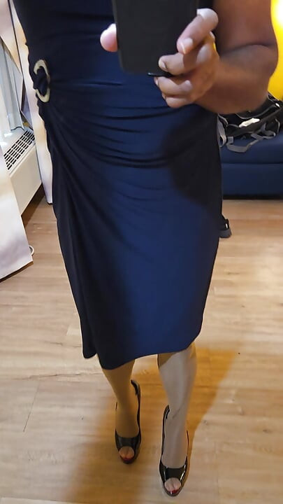 Black platform pumps and blue dress