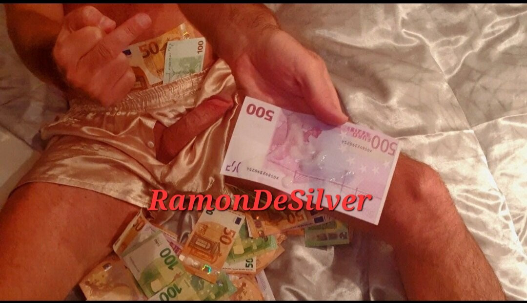 Master Ramon jerks mega decadently on the tribute of his slaves, in a hot silk bed and in sexy golden silk shorts, hot