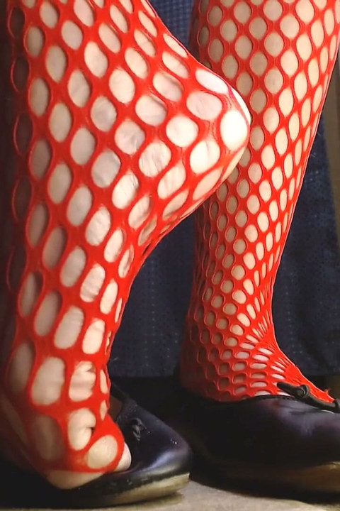 Red Fishnets Ballet Flats Shoeplay Dipping Toe Wiggling