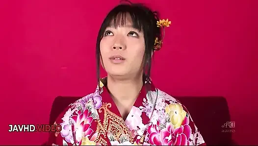 Chiharu's Wet Kimono Threesome with Hot Blowjob and Creampie Finish