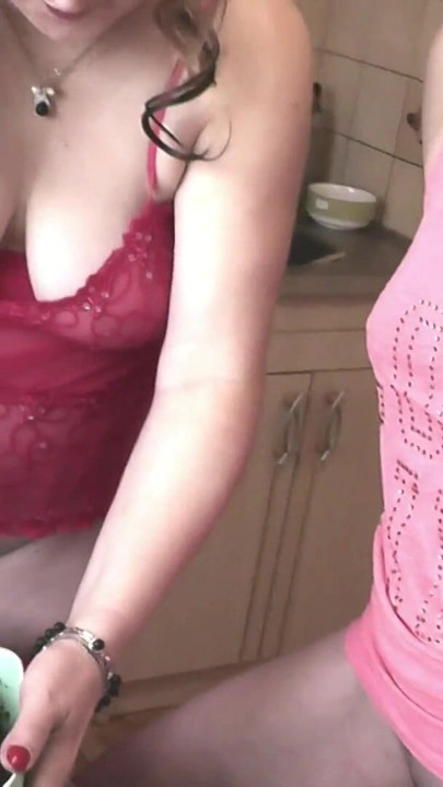 Two girls Old adult mature MILF and young girl virgin in sexy T shirt without panties bra in kitchen kissing. Lesbians Nudists | Clip 1