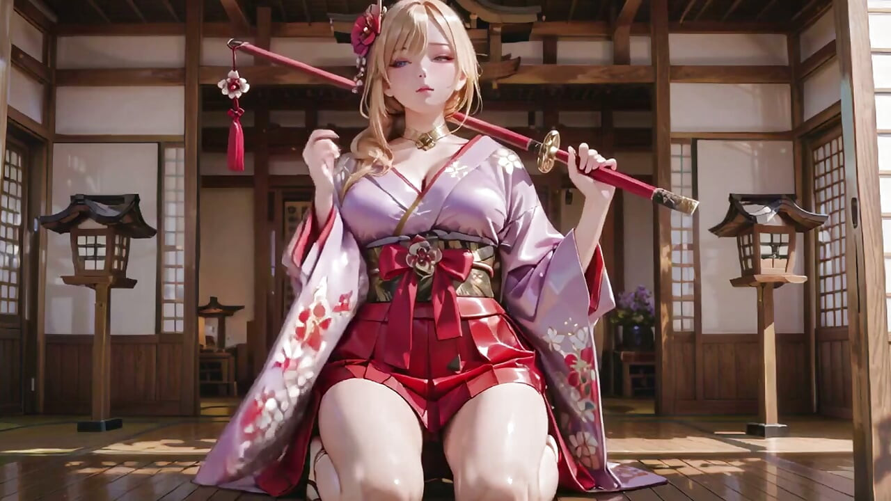 Blonde Goddess in the Japanese Corridor, Lazy Gazes, Hand on Hips, Sunlight Drenching Her Skin