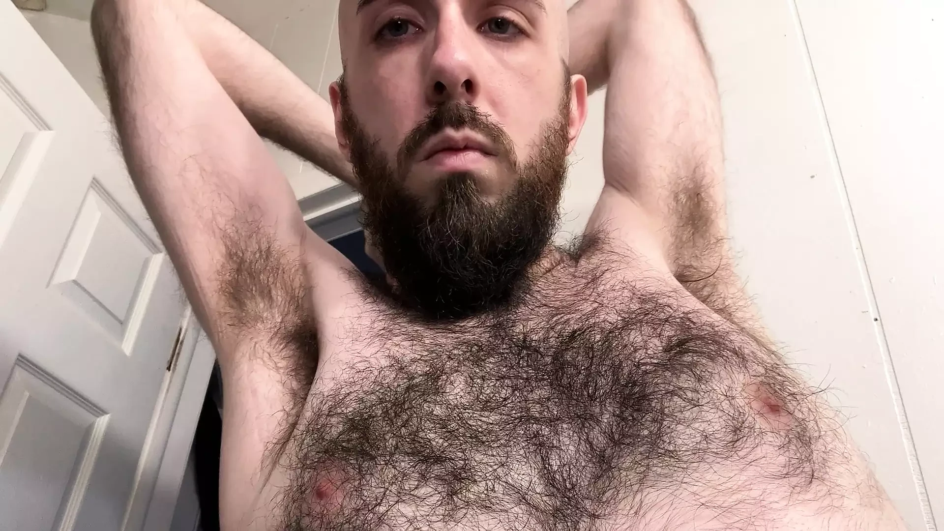Close-up showing off my very hairy chest and armpits