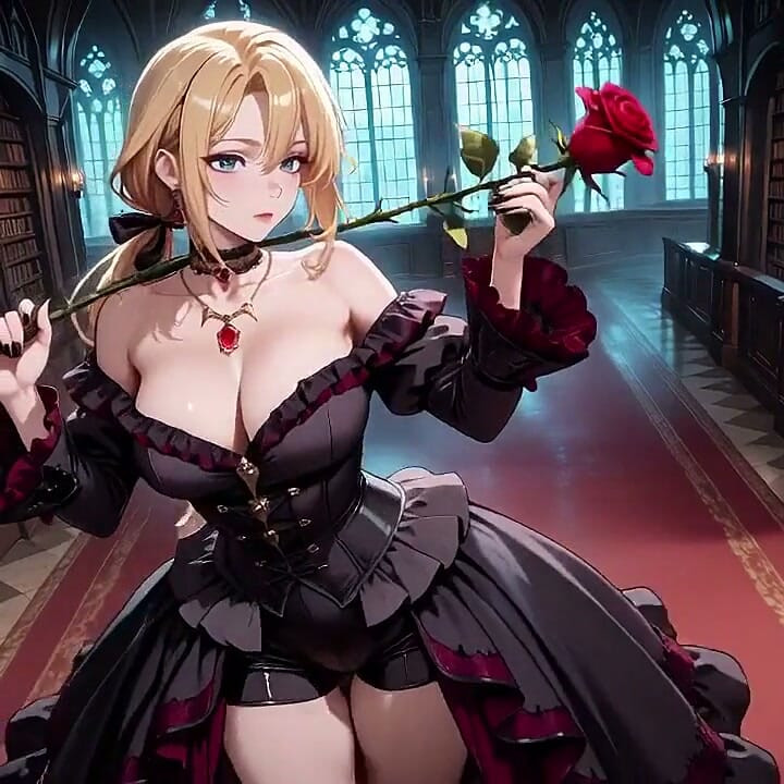 Blonde in a Black Gown Swaying on Red Velvet, Candlelight Gaze and Fan Teasing the Collarbone