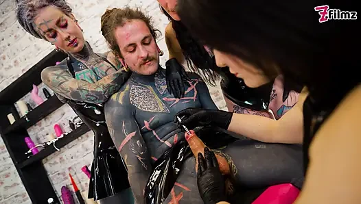 Three Cruel Latex Goddesses Destroy Tattooed Slave with Deep Sounding & Urethral Fingering