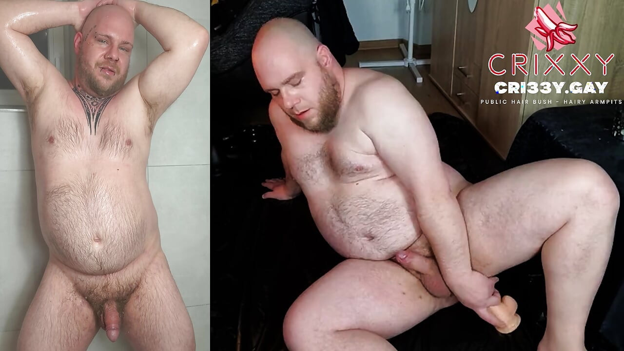 Cri33Y, the filthy hairy chubby, fucks himself so hard with the dildo that the sperm is spraying everywhere.