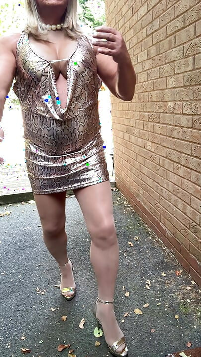 Sexy Crossdresser kellycd2022 in gold leopard print dress tan pantyhose and heels s