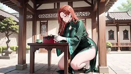 Red Hair & Emerald Qipao! Lazy Seduction in the Eastern Courtyard