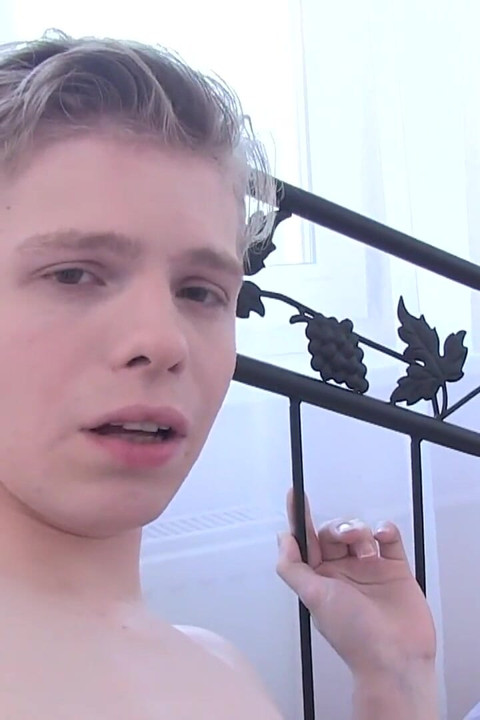 Lovely blonde twink James massages his stiff cock and cums!