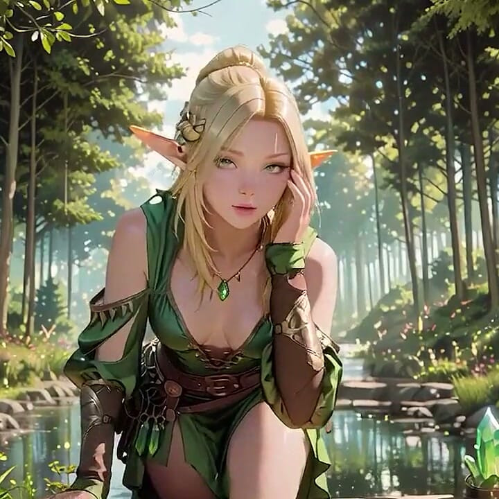 Forest Elf Queen! Kneeling in the Dappled Sunlight, Her Fingertips Tracing the Staff as She Gets Wet.