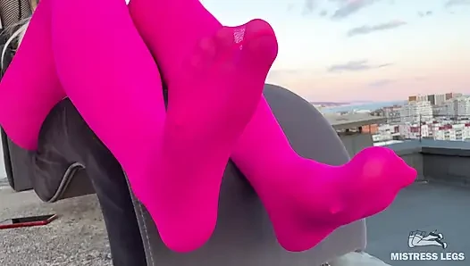 Pink Nylon Tease on the Rooftop at Sunset - Feet and Big Ass