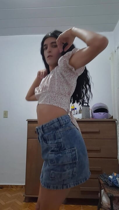 Petite trans girl sucks on deodorant