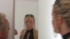 Hot chic with braces and young friend spit all over and all