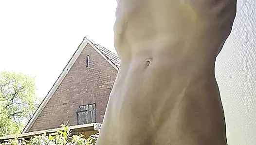 Skinny boy naked pissing und sperm. Piss n sperm flows from big uncut dick outdoor