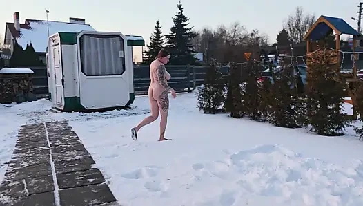 Femdom. Two Busty Women Piss Naked in the Snow, Then Make a Naked Guy Eat and Lick the Yellow Snow.
