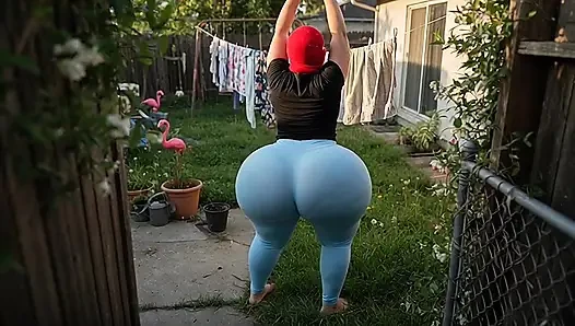 Dar açık mavi taytlı büyük götlü komşu ve verandada mavi tanga