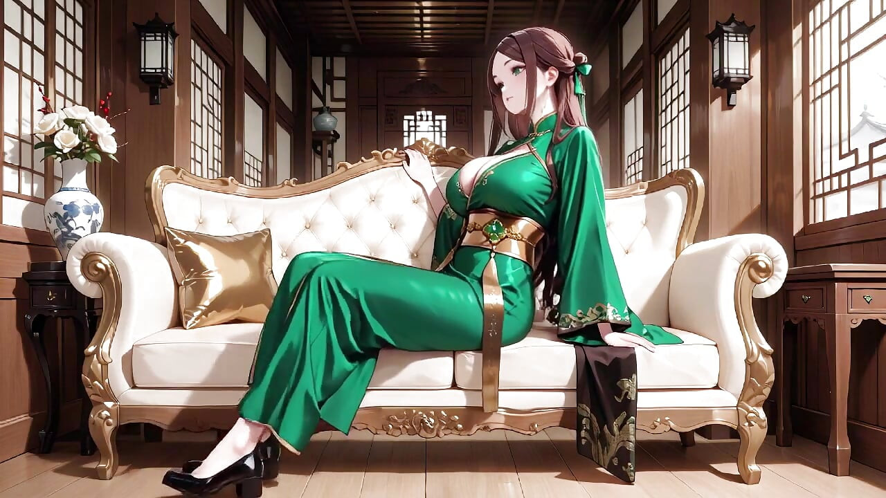 Den black &gold qipao lady knäböjer i träkorridoren, leker med sin hårbulle, solljus som träffar hennes hud
