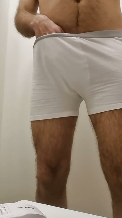 Hairy trying on clothes in the dressing room, natural bodies. Soft cock, hair and ...