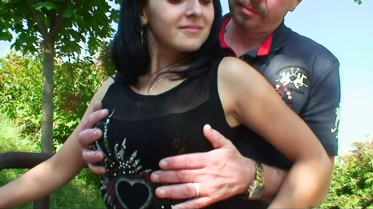 man takes brunette bitch to the woods to have sex!