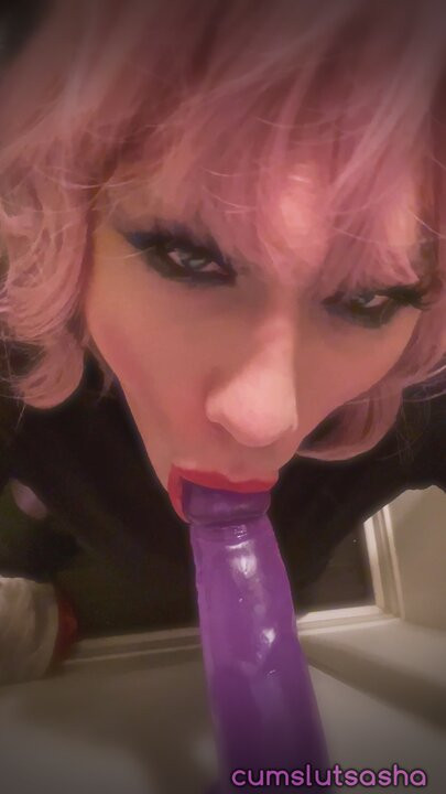 Sexy Pink Haired Trap Throats Big Purple Dildo