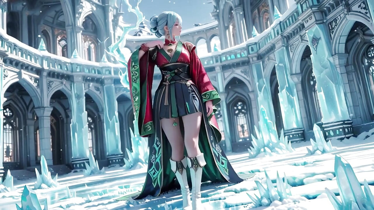 冰之王座！银发法师身着红绿长袍跪姿，蓝发伴侣在雪域调情！