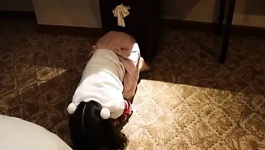 A Cute Little Dressed in a Jk Uniform Was Walking Around Barefoot on the Ground.
